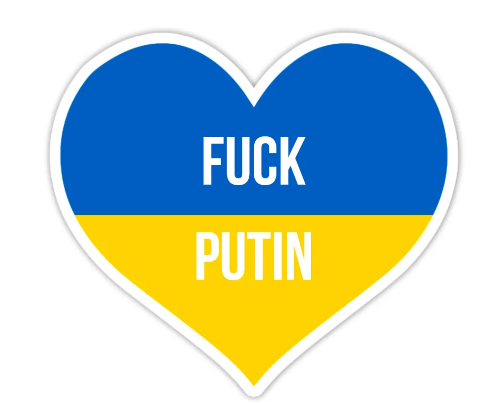 A heart-shaped sticker with a blue top half and yellow bottom half, resembling the Ukrainian flag, has the words 'FUCK' in…