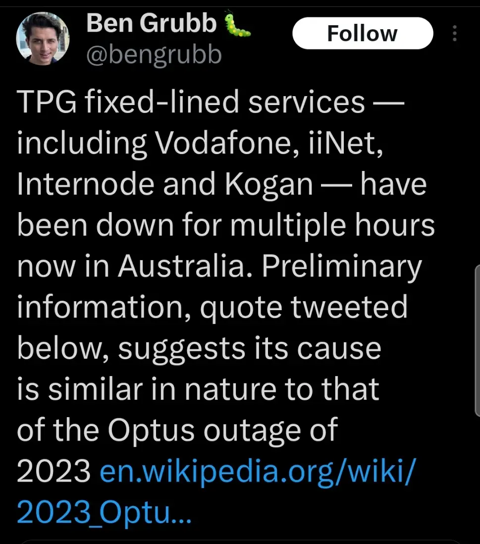 A screenshot of a tweet by Ben Grubb (@bengrubb) reporting that TPG fixed-line internet services from providers like…