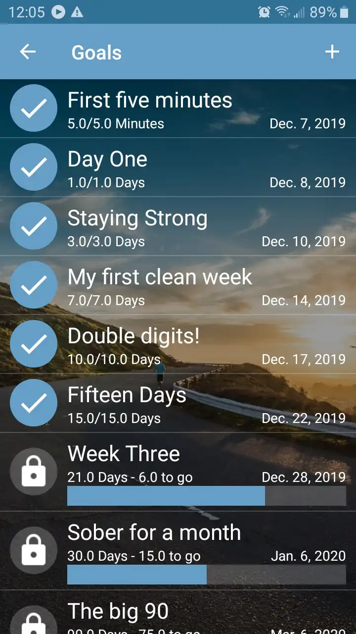 A screenshot of a mobile app's 'Goals' screen showing a user's progress in a sobriety challenge, with completed milestones…