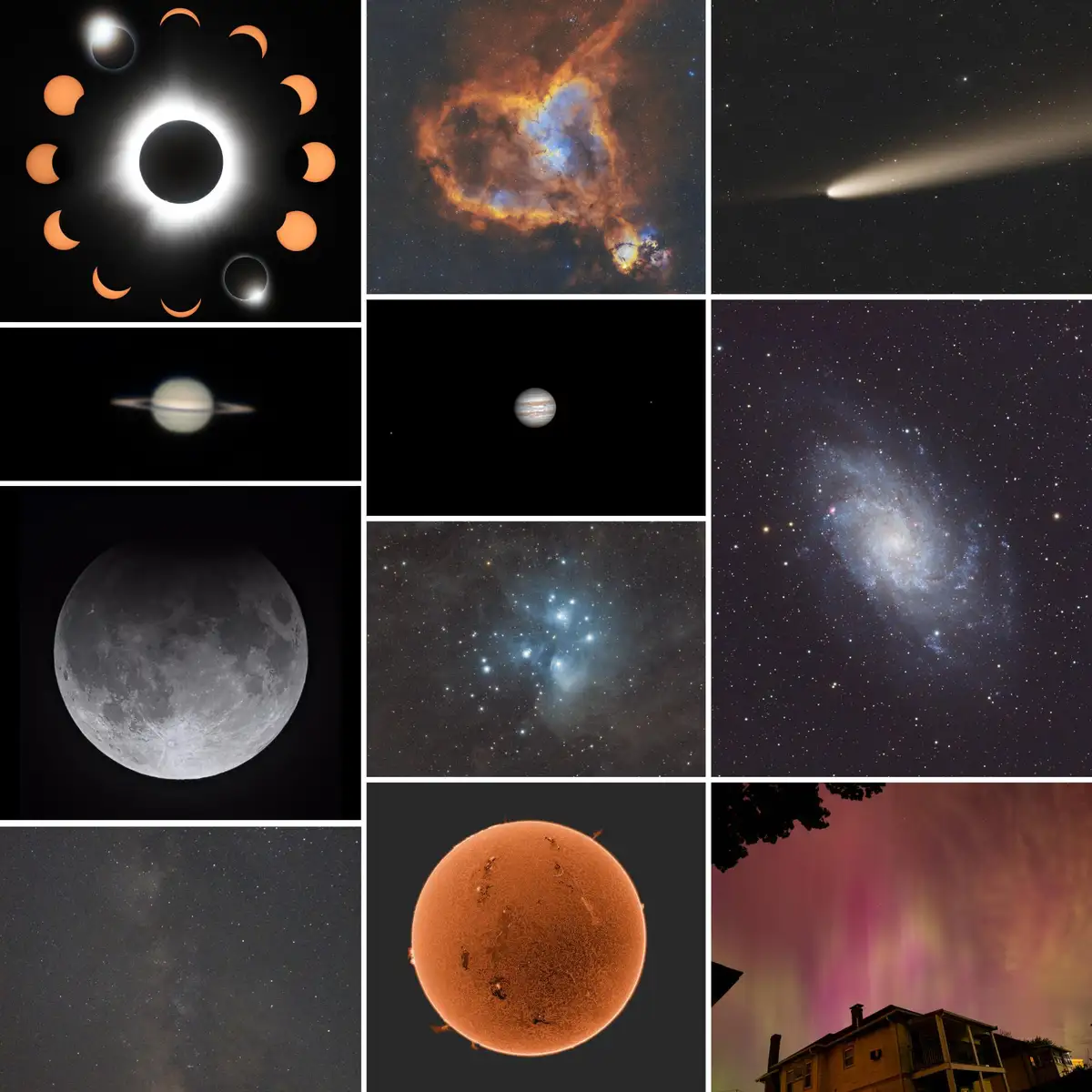 A nine-panel collage of stunning astronomical images including a solar eclipse, the Orion Nebula, a comet, Saturn, Jupiter…