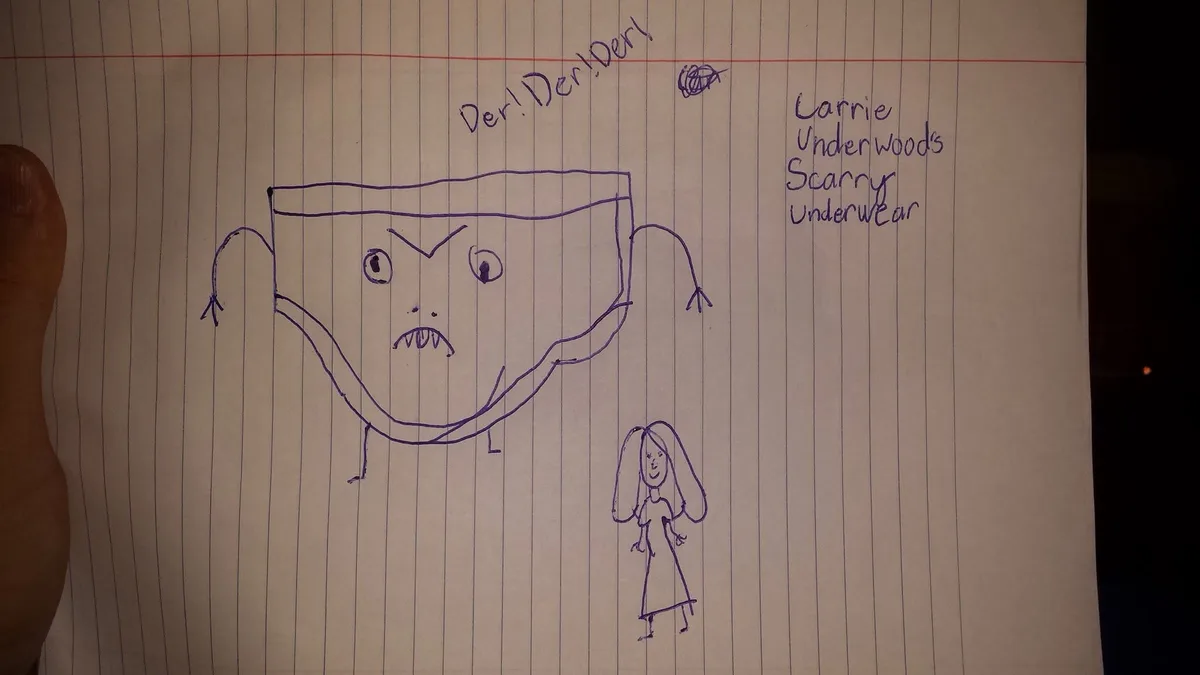 A hand-drawn image on lined notebook paper shows a large, angry, anthropomorphic underwear with sharp teeth and menacing…