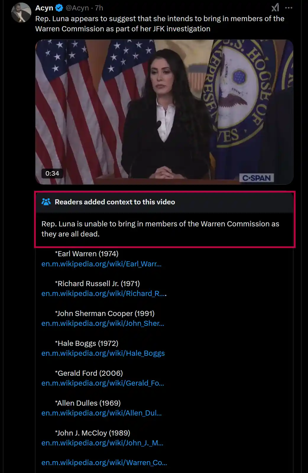 A screenshot of a tweet by Acyn showing a video of Rep. Luna speaking at a podium with American flags and a U.S. House of…