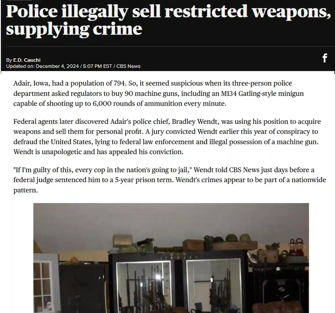 A screenshot of a CBS News article about a police chief convicted for illegally selling restricted weapons, overlaid with…