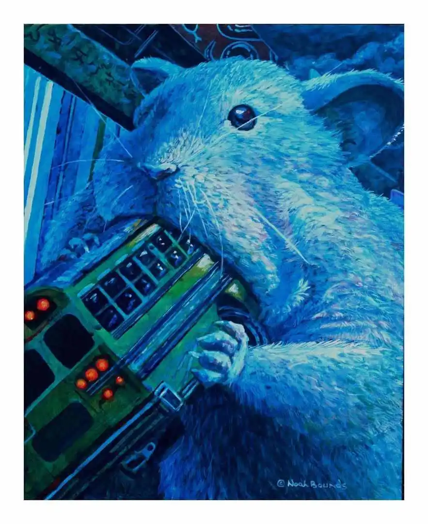 A blue-tinted painting shows a large, fluffy mouse holding a green, futuristic-looking device with glowing orange buttons…