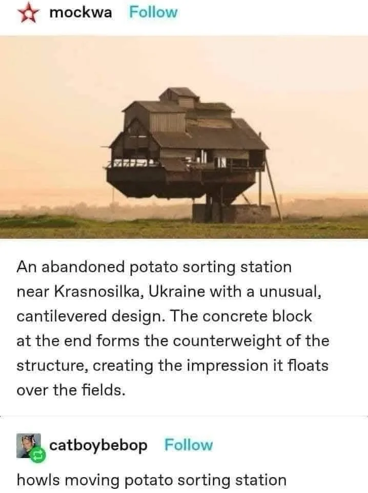 An abandoned potato sorting station near Krasnosilka, Ukraine with an unusual, cantilevered design. The concrete block at…