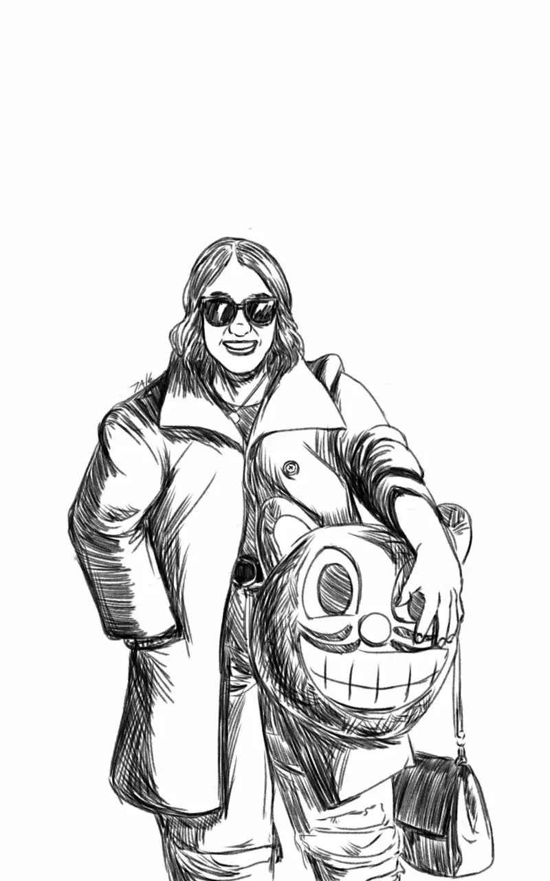 A black-and-white sketch shows a smiling woman in sunglasses and a coat holding a large, cartoonish bag with a wide, toothy…