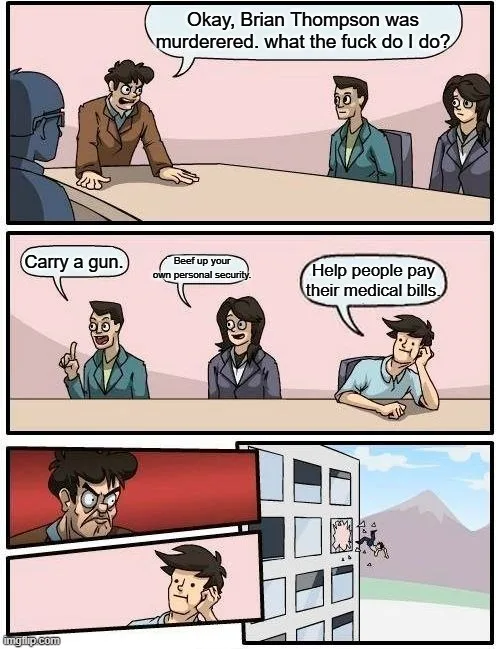 A three-panel comic strip shows a man at a meeting asking what to do after Brian Thompson's murder. Two colleagues suggest…