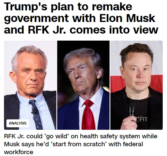 The image displays three side-by-side headshots of RFK Jr., Donald Trump, and Elon Musk. Each man has a serious expression…