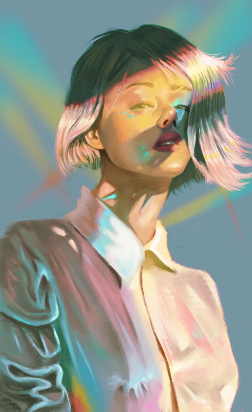 A stylized digital painting of a person with short dark hair and a white collared shirt, looking upward with a tear visible…