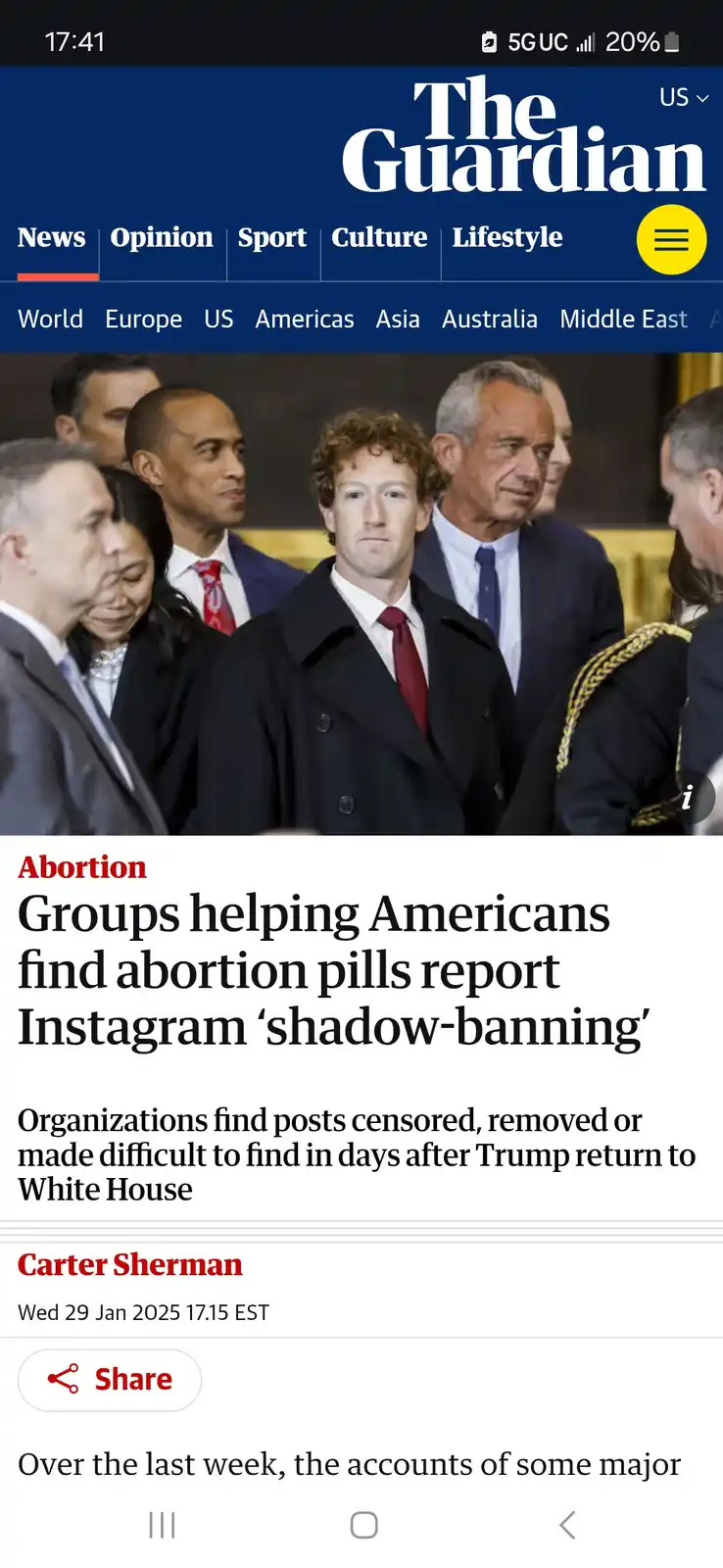 A screenshot of a The Guardian news article headline about Instagram allegedly shadow-banning posts related to abortion…