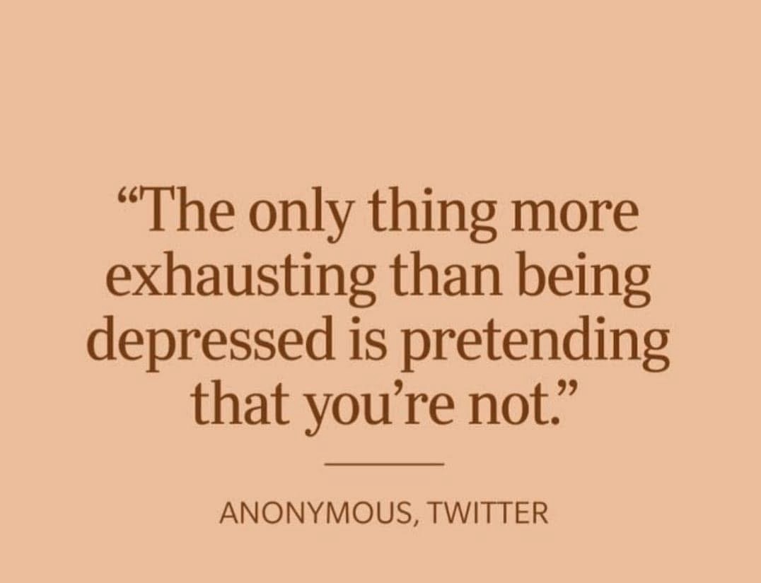 A solid peach-colored background displays a centered quote in dark brown serif font: 'The only thing more exhausting than…