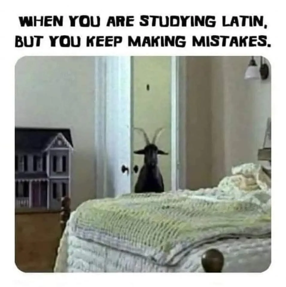 A black goat with curved horns peeks through a slightly ajar white door into a bedroom, where a bed with a textured…