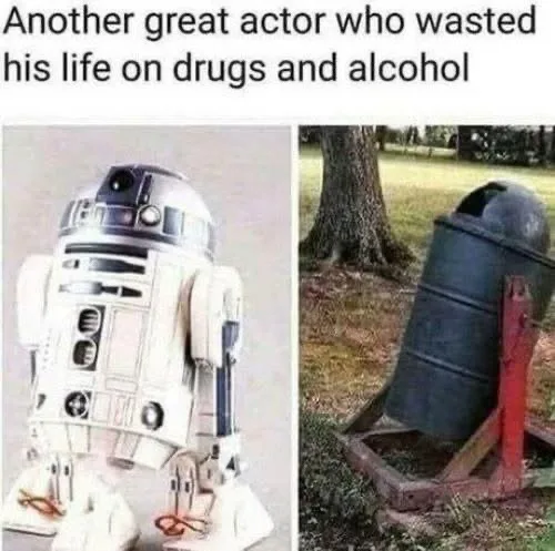 The image is a split-screen meme. On the left is a photo of the R2-D2 droid from Star Wars. On the right is a photo of a…