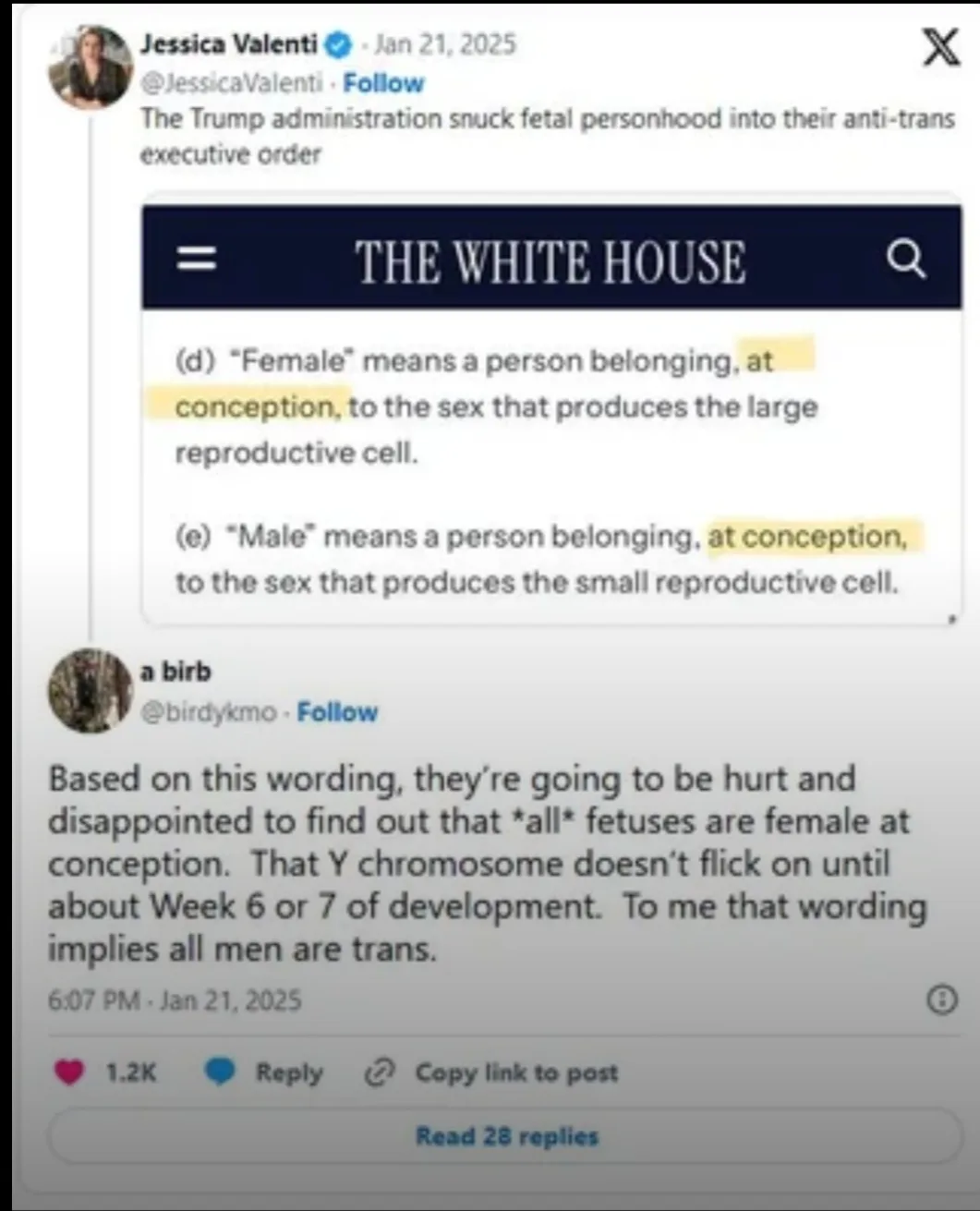 A screenshot of a Twitter thread shows Jessica Valenti's tweet about the Trump administration's executive order defining…