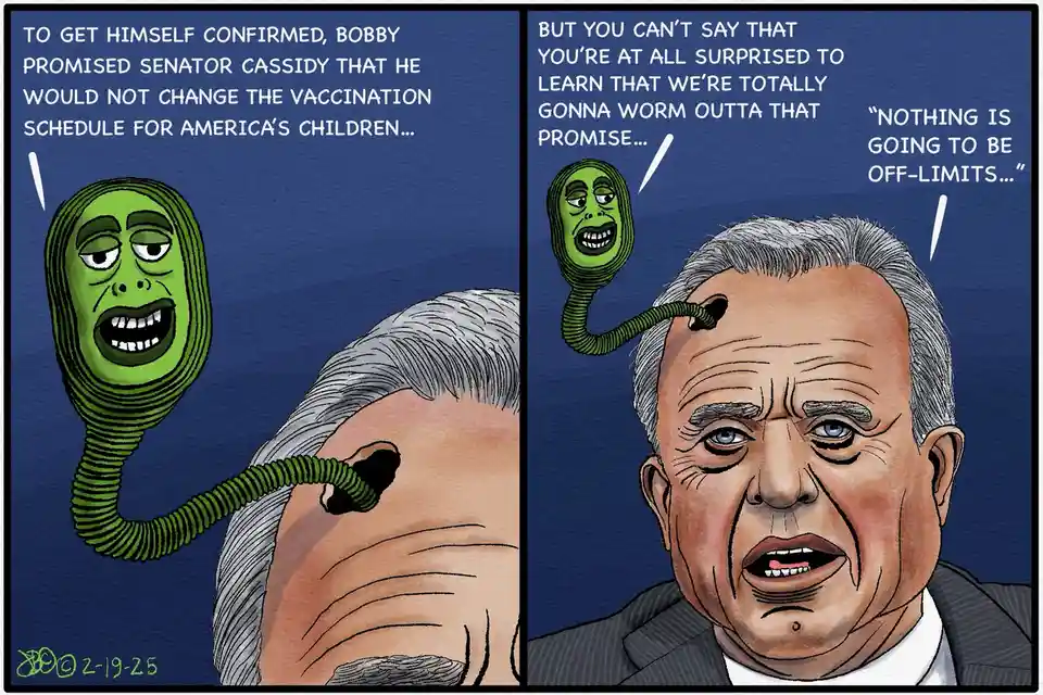 A two-panel comic shows a green, worm-like creature with a human face emerging from the head of a gray-haired man. In the…