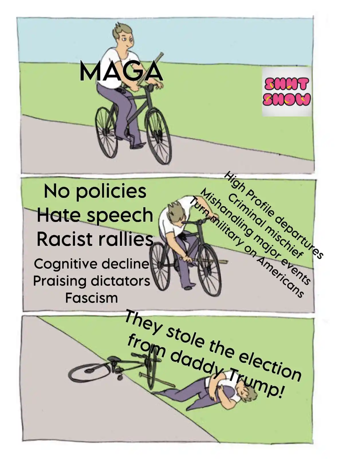 A three-panel comic strip shows a man on a bicycle labeled 'MAGA' in the first panel. In the second panel, he leans over the…