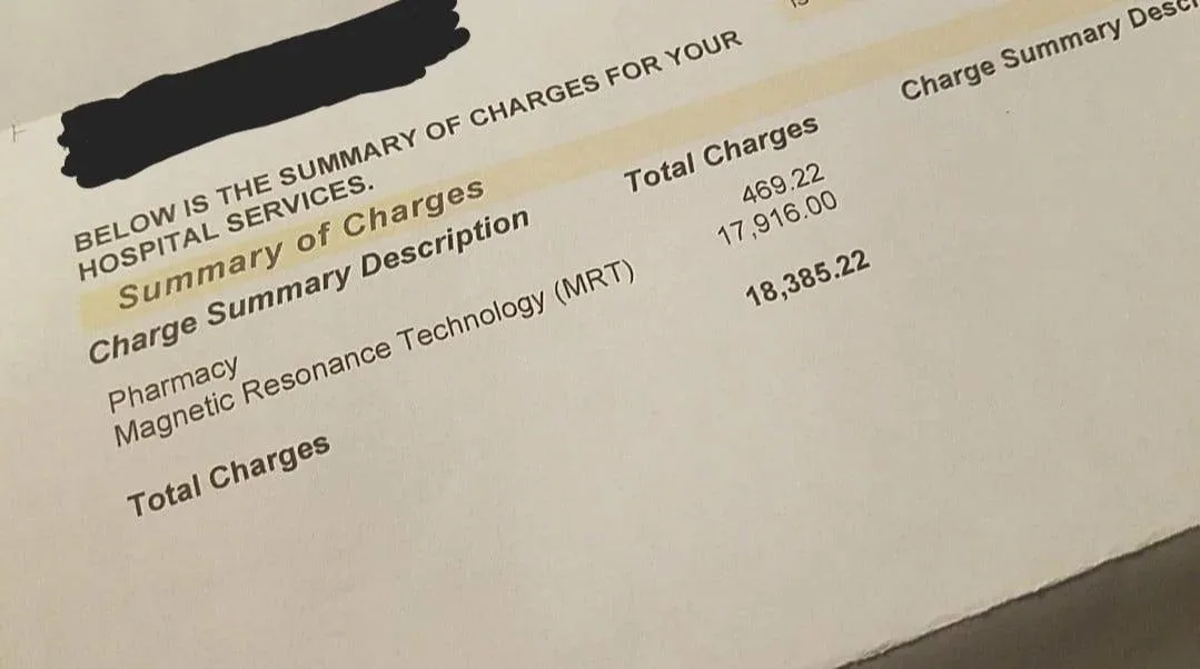 A hospital bill summary shows 'Magnetic Resonance Technology (MRT)' charged at $18,385.22, while the total charges are…