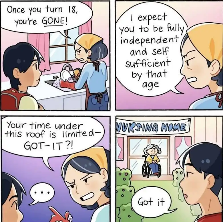 A four-panel comic strip shows a mother angrily telling her teenage son he's 'GONE' at 18, expecting him to be independent…