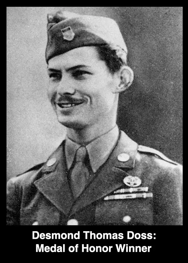 A black-and-white portrait of a smiling young man in a U.S. Army uniform with a cap and medals, overlaid with the text…
