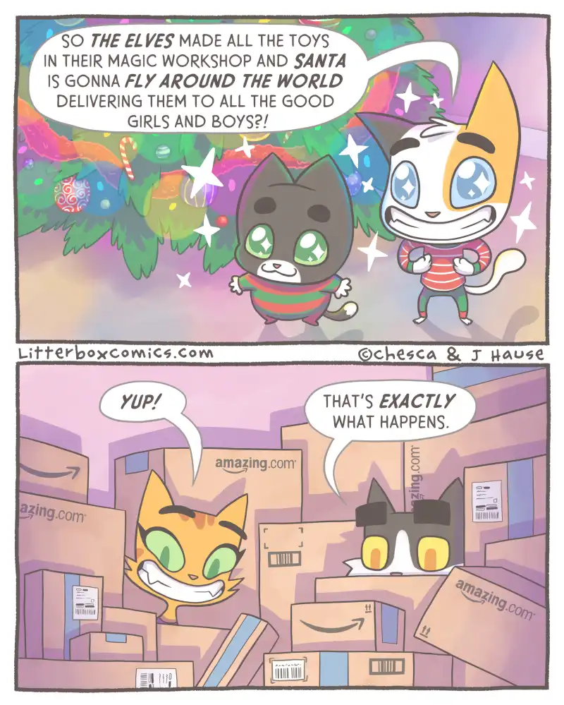 Two cartoon cats in a festive setting discuss Santa's toy delivery. The top panel shows them excitedly imagining elves…