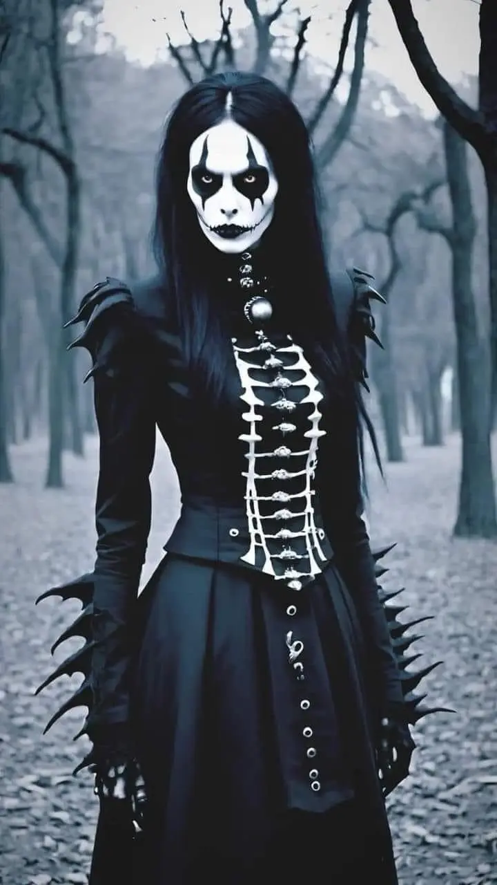 A person with long black hair and dramatic white-and-black skull makeup stands in a gloomy, leafless forest wearing an…