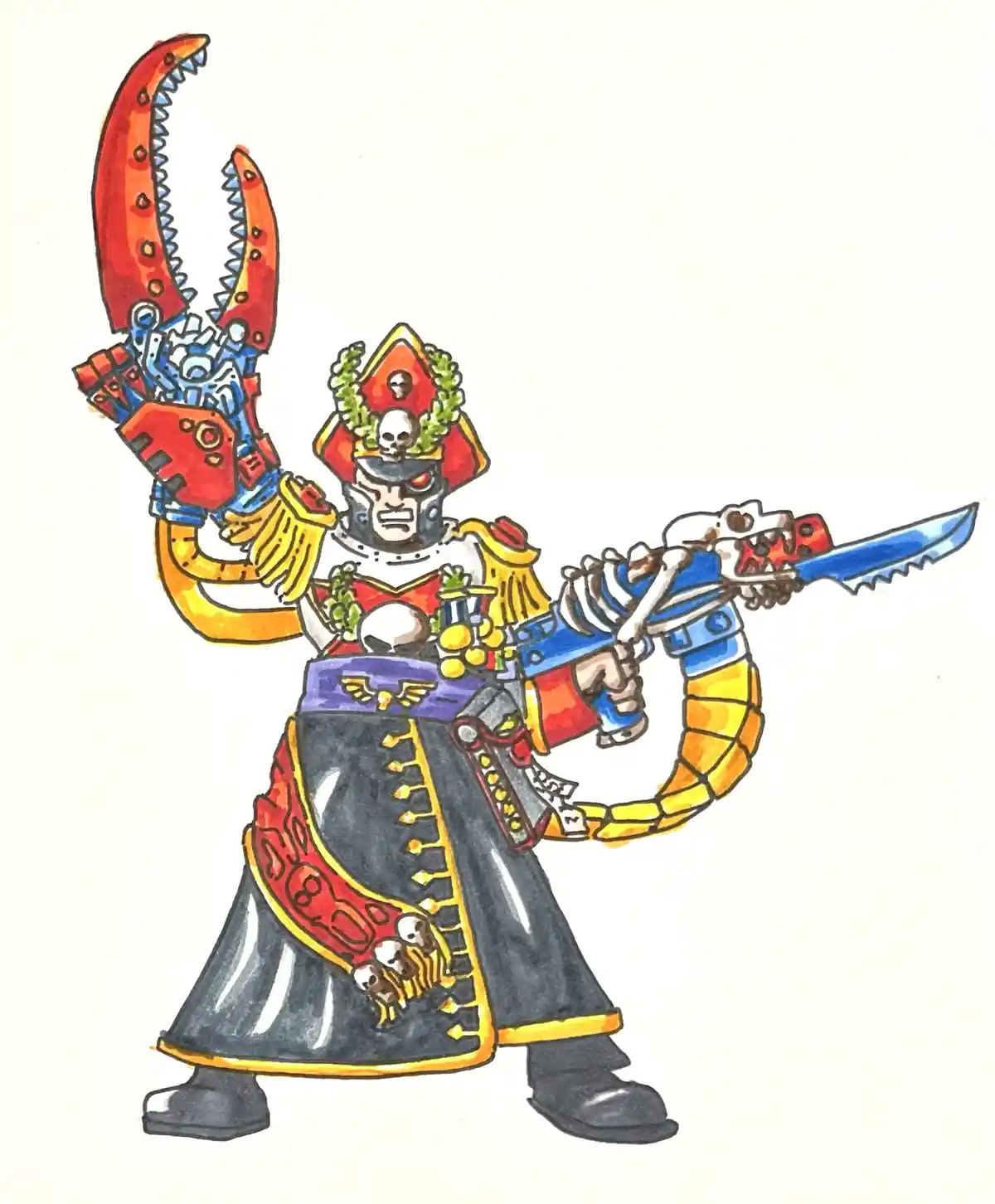 A hand-drawn illustration of a heavily armored, menacing warrior with a lobster claw for a right hand and a blue serrated…
