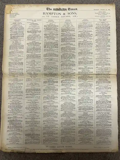 A full-page newspaper clipping from The Times dated Tuesday, August 16, 1921, page 16, showcasing a dense grid of real…