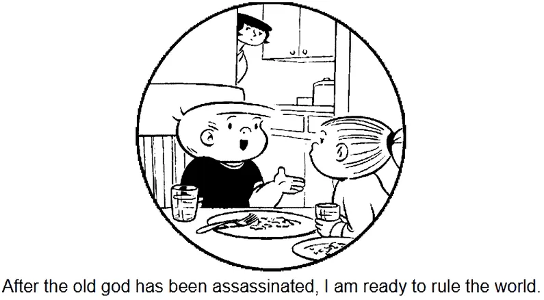 A black-and-white cartoon depicts two children sitting at a dining table with plates of food and glasses of water. One…