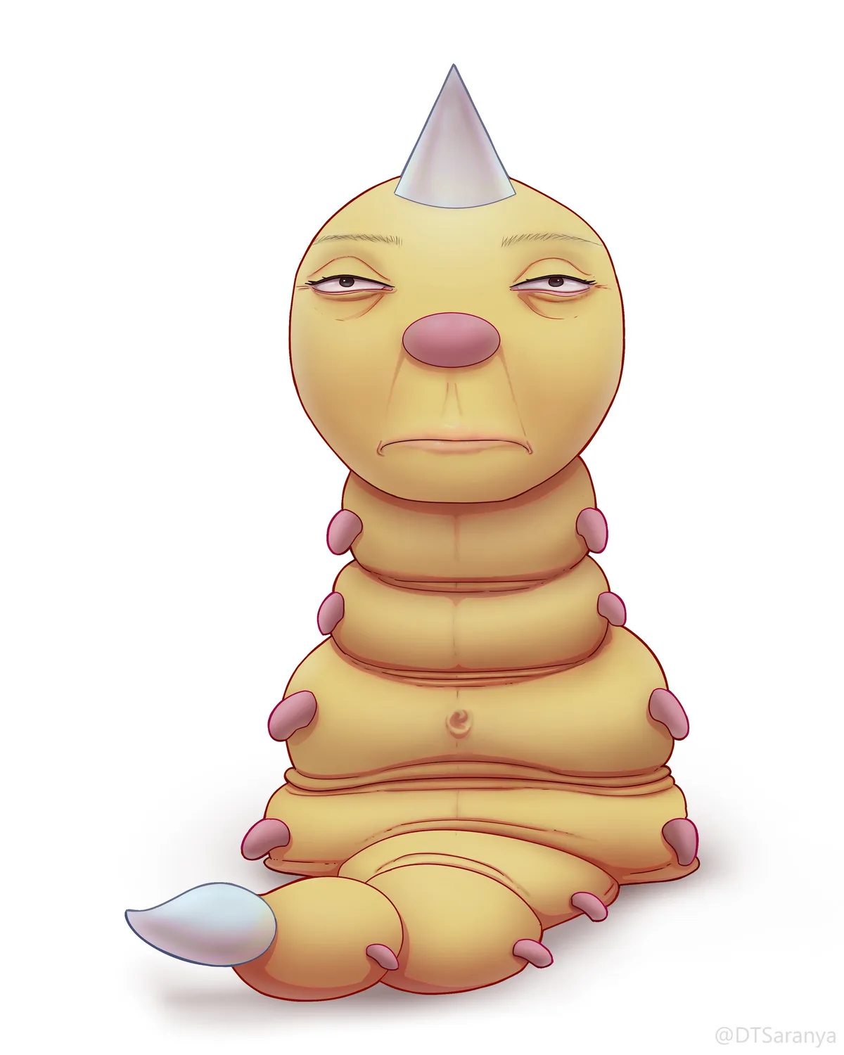 A cartoonish, segmented yellow creature resembling a caterpillar or worm with a single silver unicorn horn on its head…