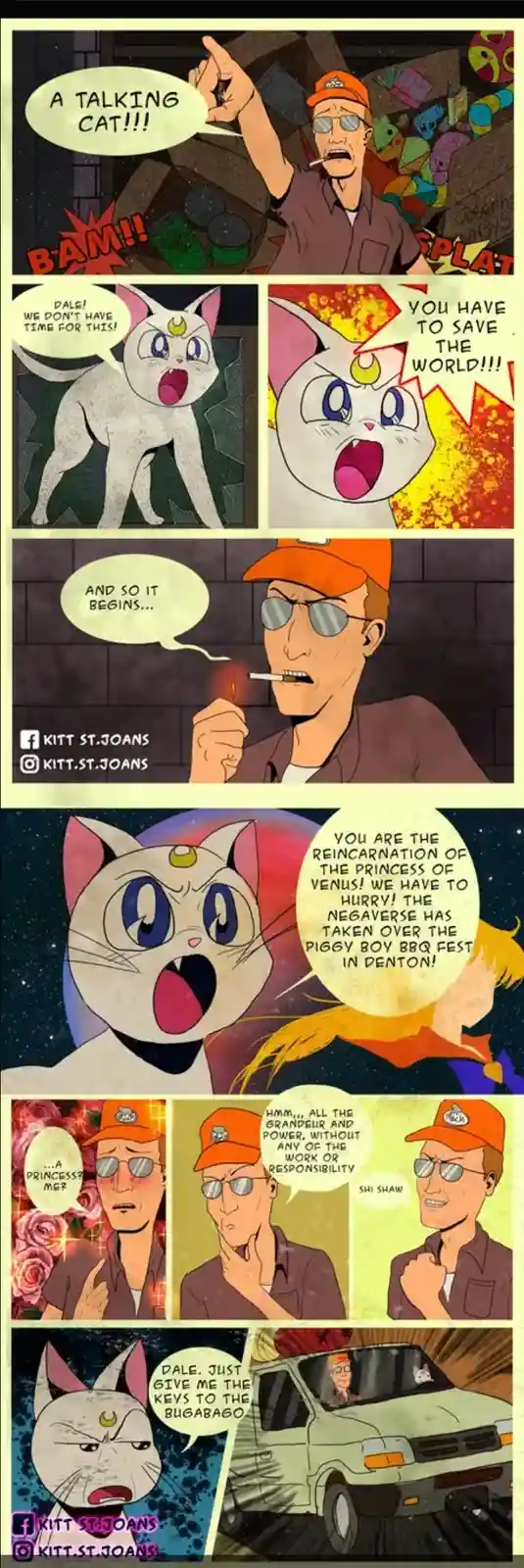 A comic strip features a man in an orange cap and sunglasses smoking a cigarette, reacting to a talking cat from Sailor…