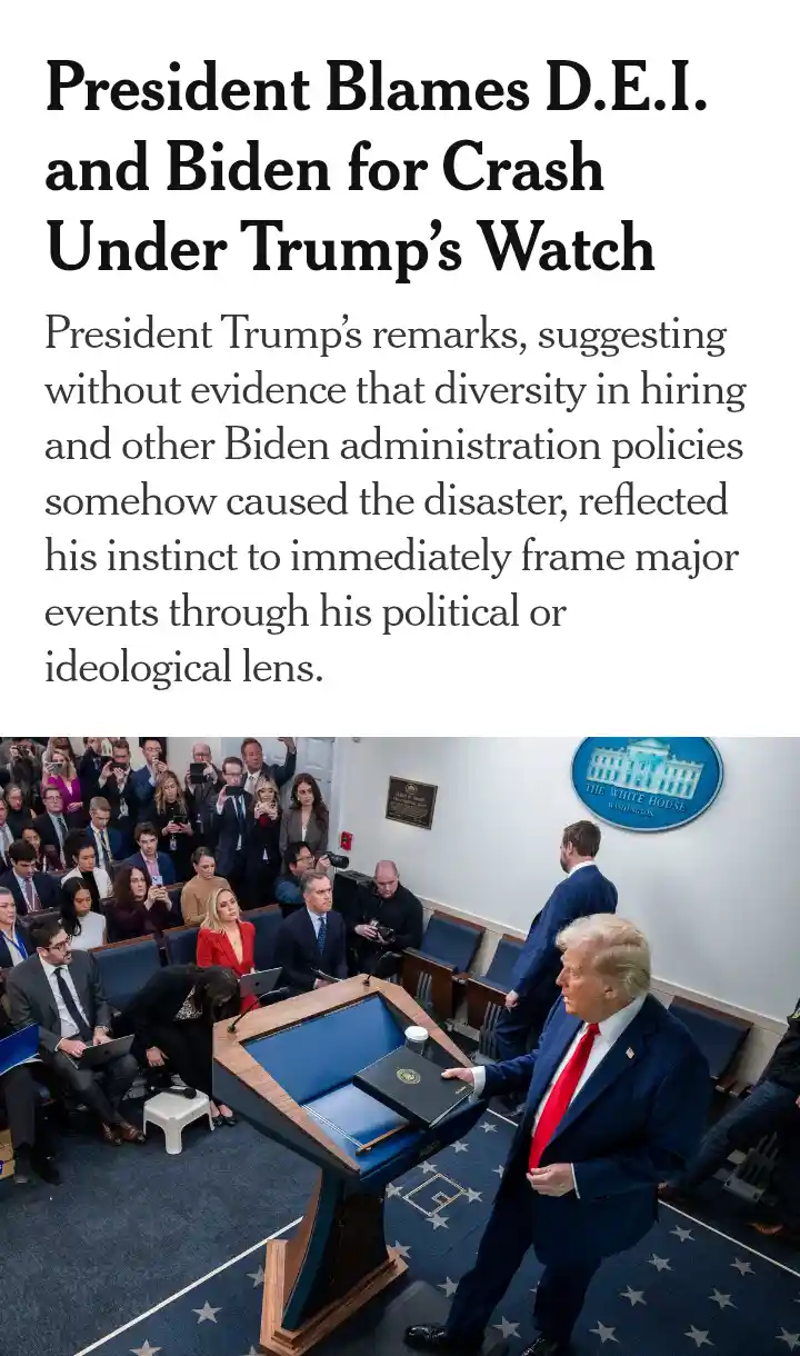 A photo of Donald Trump at a White House press conference, holding a folder, with a crowd of reporters behind him. Overlaid…