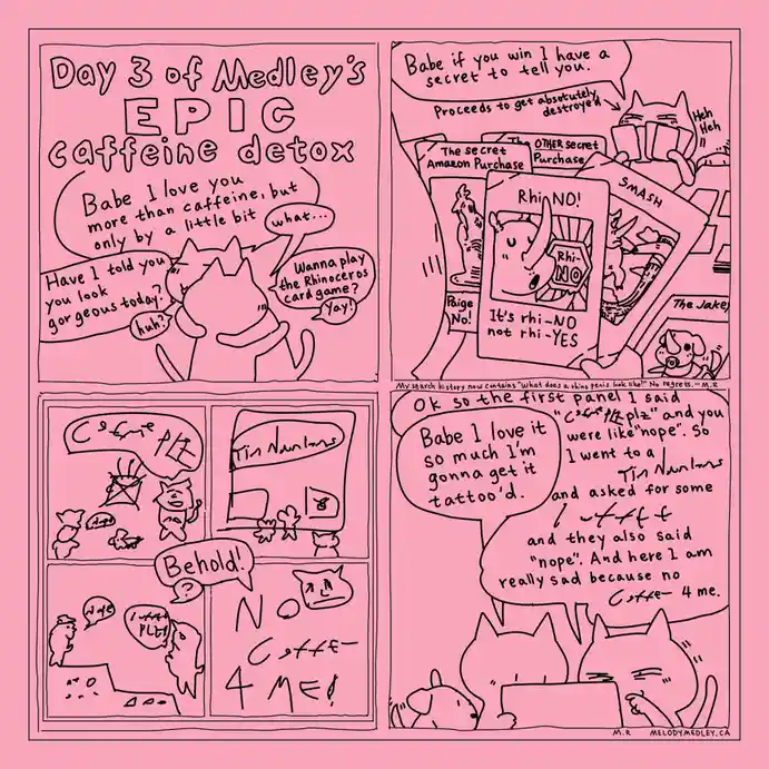 A four-panel comic strip drawn in pink with cartoon cats. The first panel shows a cat saying 'Babe I love you more than…