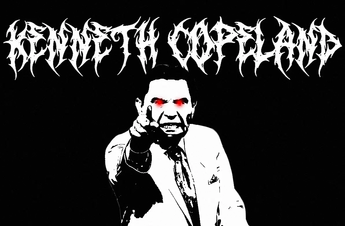 A black-and-white image of Benedict Cumberbatch with glowing red eyes, pointing directly at the viewer. Above his head, the…