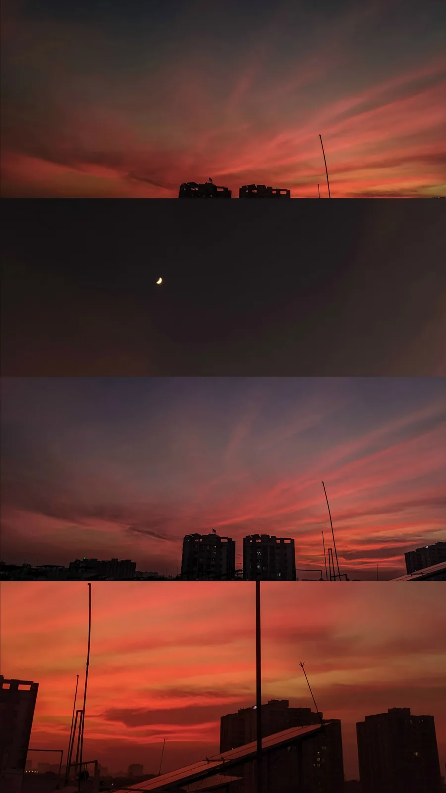 A four-panel image collage showing a vibrant red and orange sunset/sunrise over city buildings, with a single crescent moon…