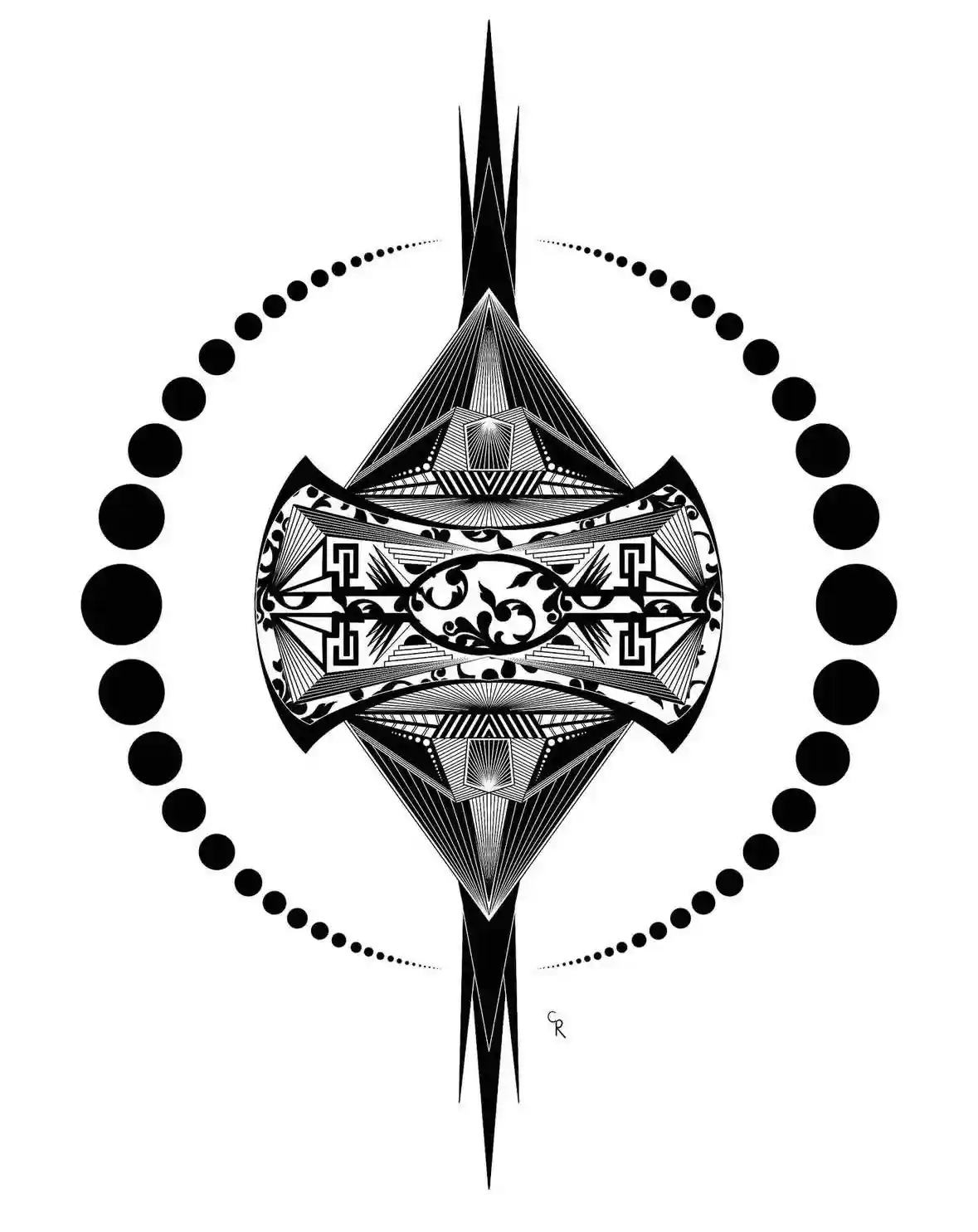 A black and white geometric tattoo-style design featuring a symmetrical, diamond-shaped central motif with intricate…