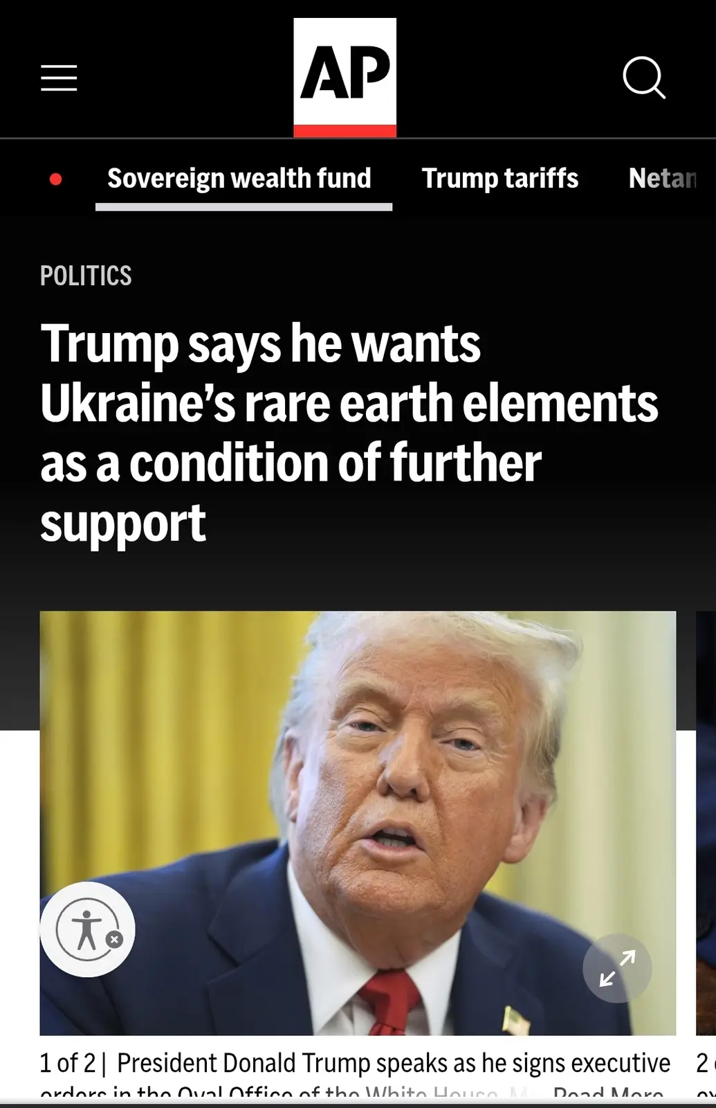 A screenshot of an Associated Press news article shows a photo of Donald Trump speaking, with the headline 'Trump says he…