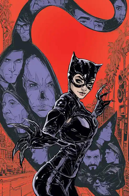A comic book illustration features Catwoman in a black, glossy catsuit with pointed ears and clawed gloves, posing…