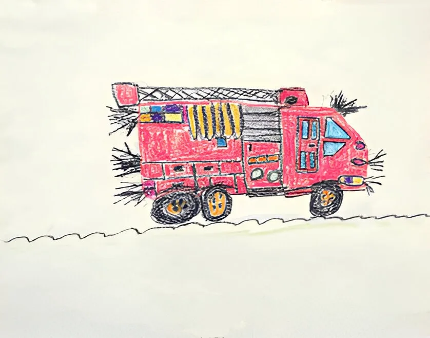 a child's crayon drawing of a red fire truck with black wheels, a ladder on top, and spiky black lines around it, drawn on…