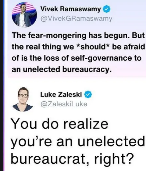 The image displays two Twitter posts. The top post by Vivek Ramaswamy states, 'The fear-mongering has begun. But the real…