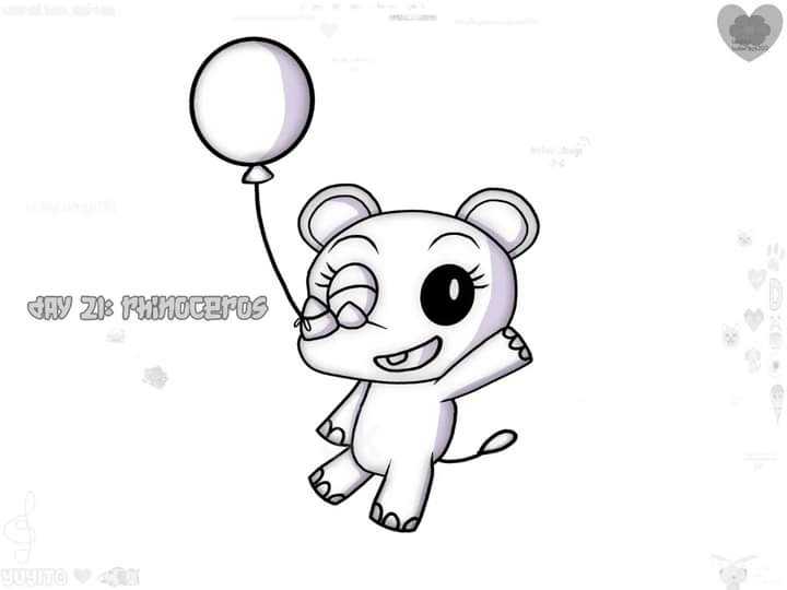 A black-and-white cartoon rhinoceros with large eyes and a happy expression is holding a balloon and waving. Text overlaid…
