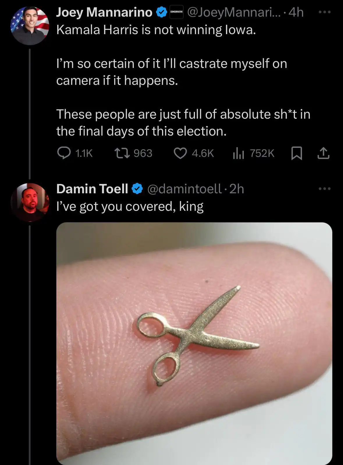 A screenshot of a Twitter thread shows Joey Mannarino expressing extreme confidence that Kamala Harris won't win Iowa, even…