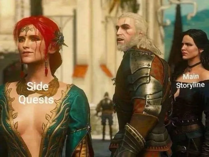 A screenshot from The Witcher 3 featuring Geralt of Rivia standing between two women. The woman on the left, with red hair…