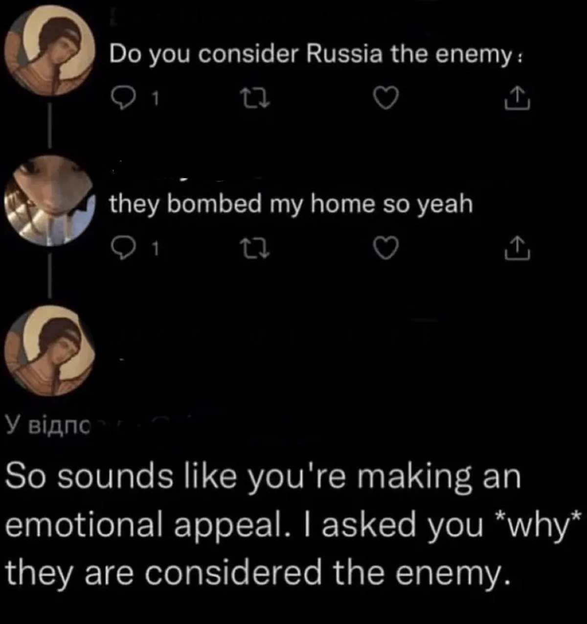 A screenshot of a social media thread shows a user asking if Russia is considered an enemy. Another user replies that Russia…
