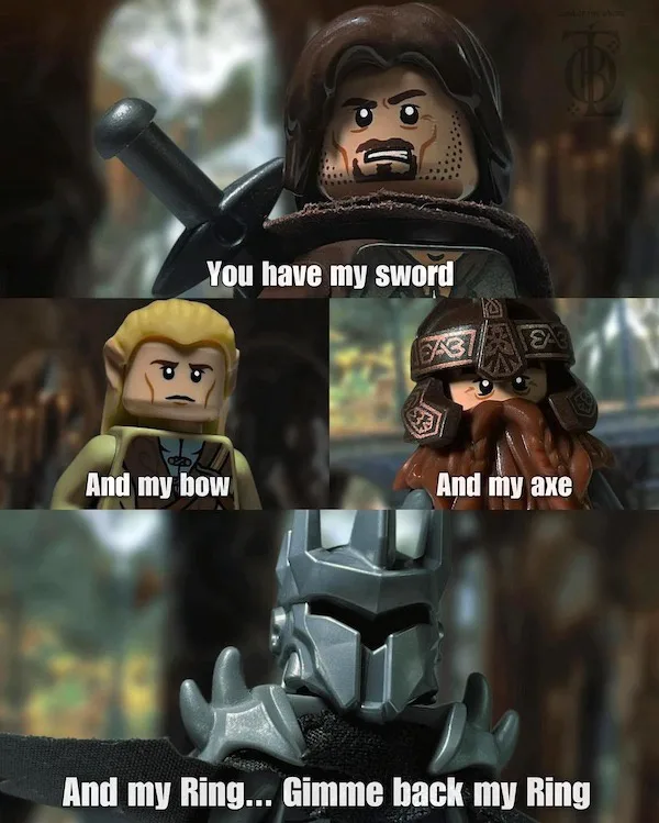 A four-panel meme using LEGO minifigures from The Lord of the Rings. The top panel shows a LEGO Aragorn holding a sword with…