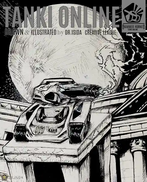A black-and-white illustrated image shows a stylized tank, resembling a 'Hammer Hornet' from the game Tanki Online…