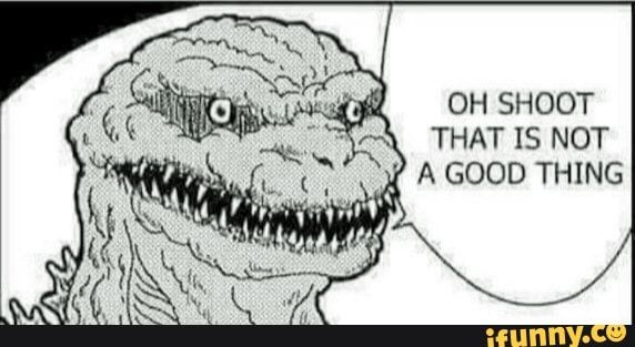 A black-and-white comic panel shows a close-up of Godzilla's face with a shocked expression, his mouth open in a grimace. A…