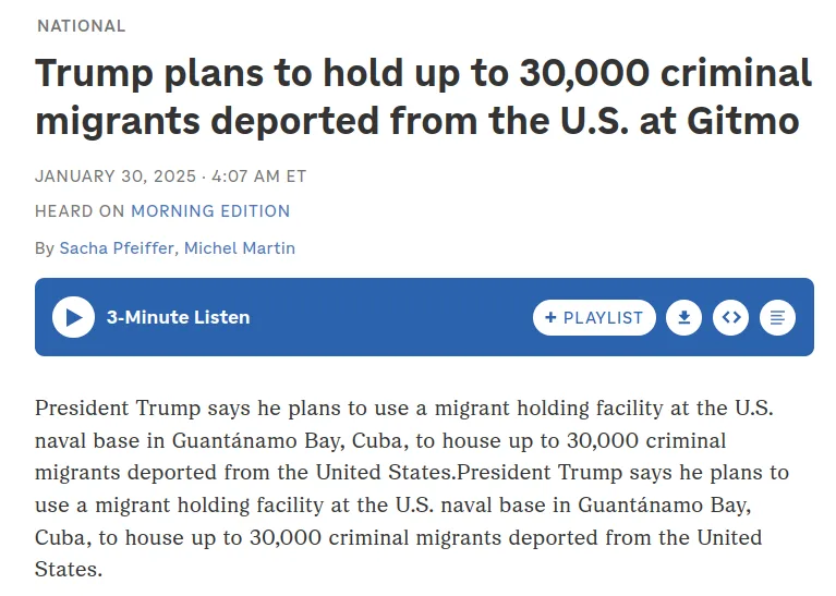 A screenshot of a news article from 'Morning Edition' dated January 30, 2025, with the headline 'Trump plans to hold up to…