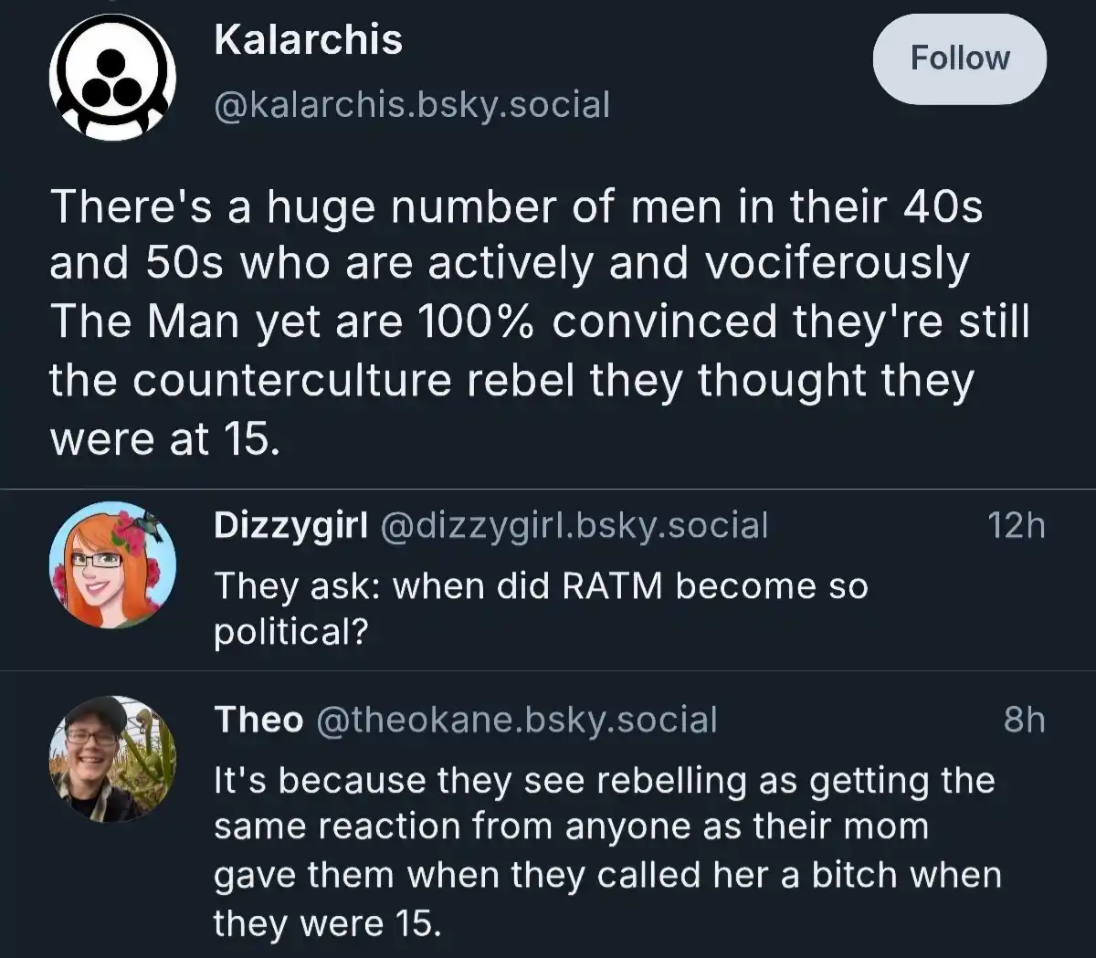 A screenshot of a three-part thread on a social media platform showing a user named Kalarchis posting about men in their 40s…