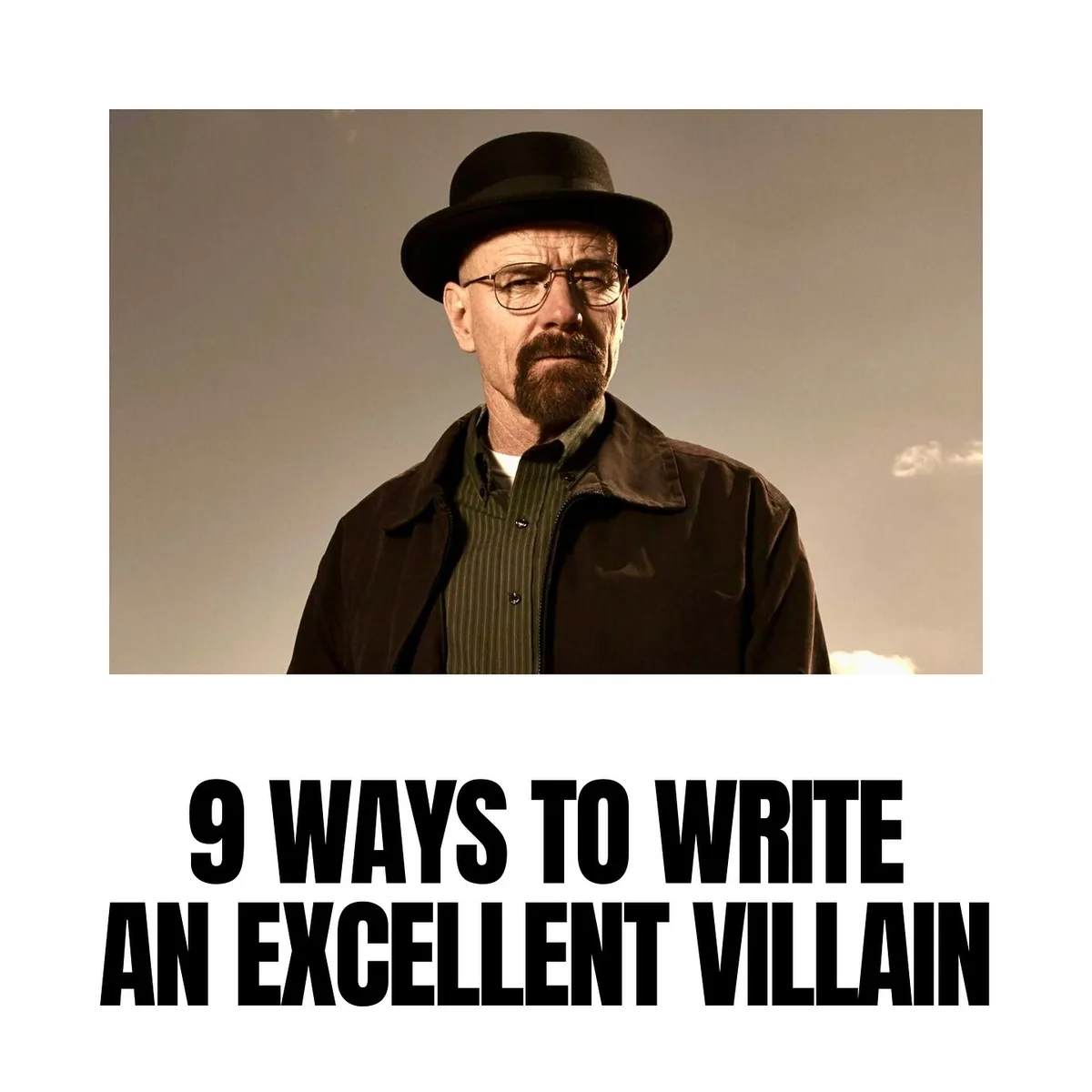 A still image of the character Walter White from 'Breaking Bad' wearing a black bowler hat, glasses, and a dark jacket over…