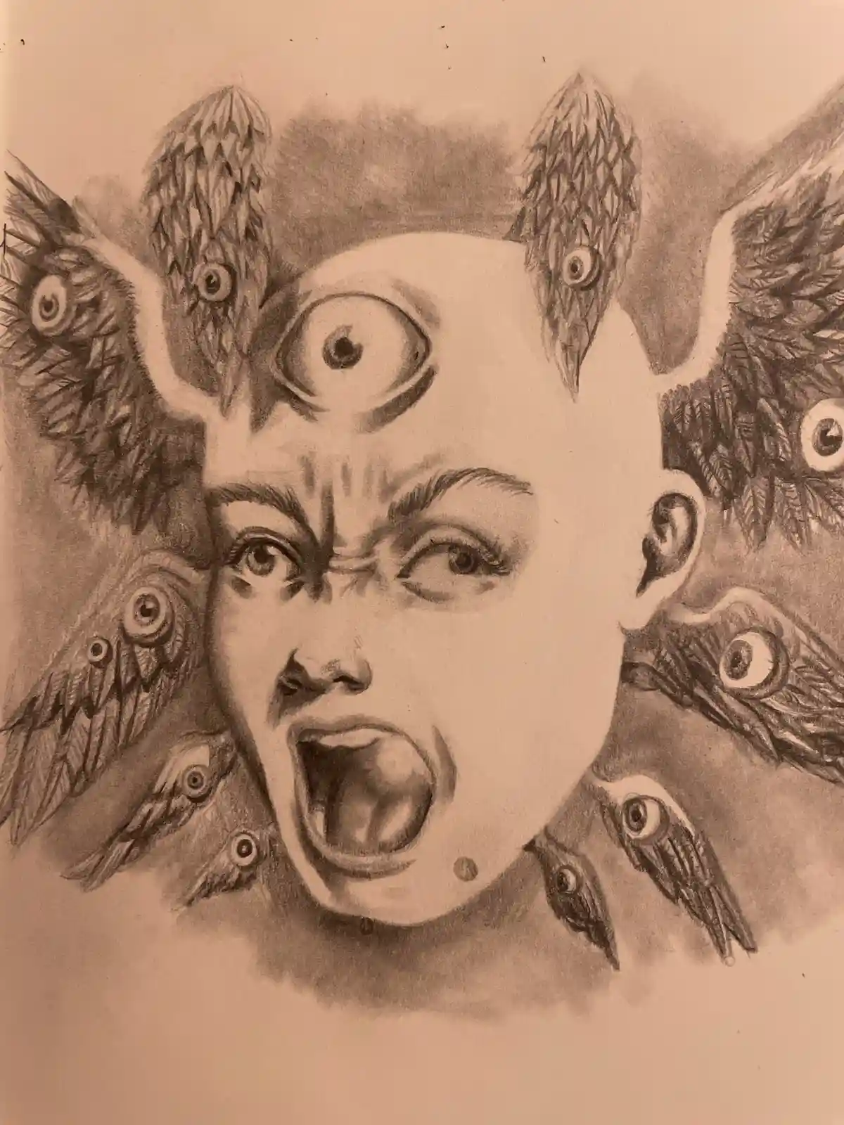 A pencil sketch depicts a human face with an angry, screaming expression, surrounded by multiple winged creatures, each with…